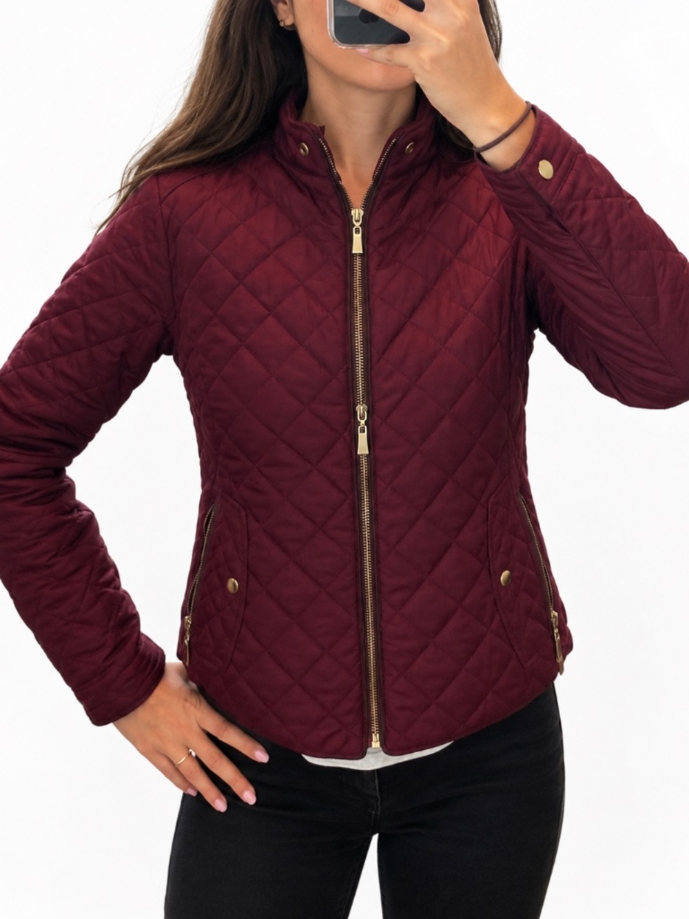 Active USA Athleisure Burgundy Quilted Cropped Bomber Jacket w/Gold hardware
